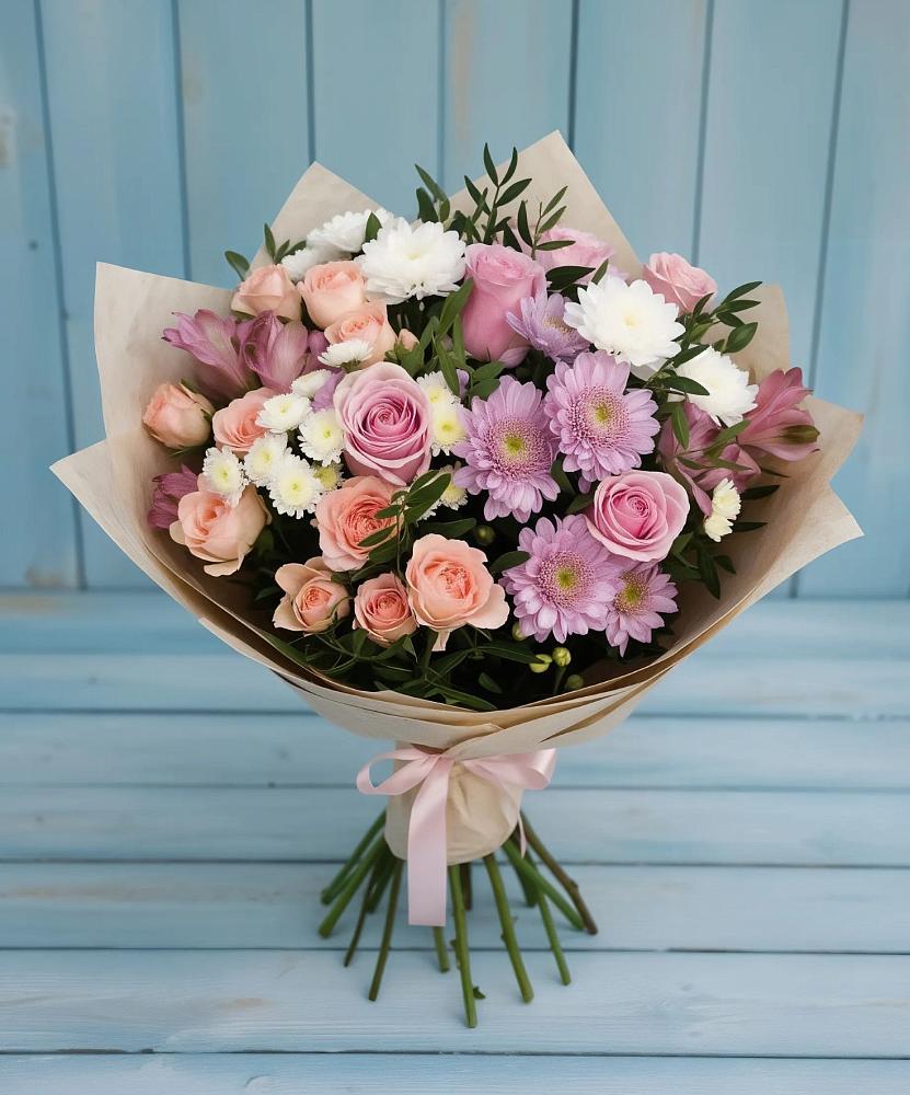 Букет цветов из: Хризантемы, Розы и Альстромерии в Костерево