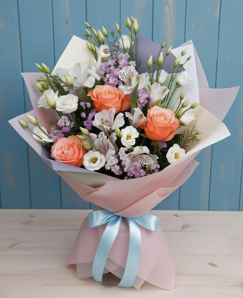 Букет цветов из: Лизиантусы, Розы, Альстромерии и Гипсофила в Костерево