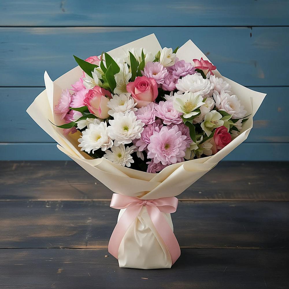 Букет цветов из: Хризантемы, Альстромерии и Розы в Костерево